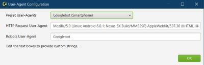 screaming frog User Agent configuration settings