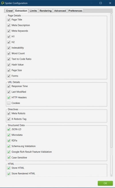 screaming frog spider extraction configuration settings