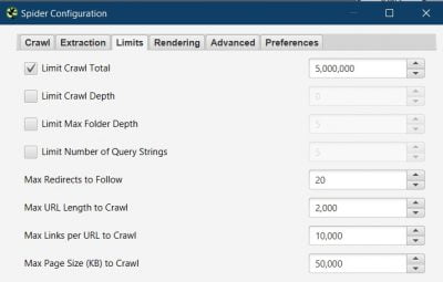 screaming frog spider limits configuration settings