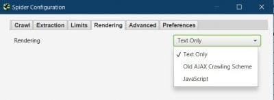 screaming frog spider rendering configuration settings