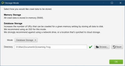 screaming frog storage mode settings