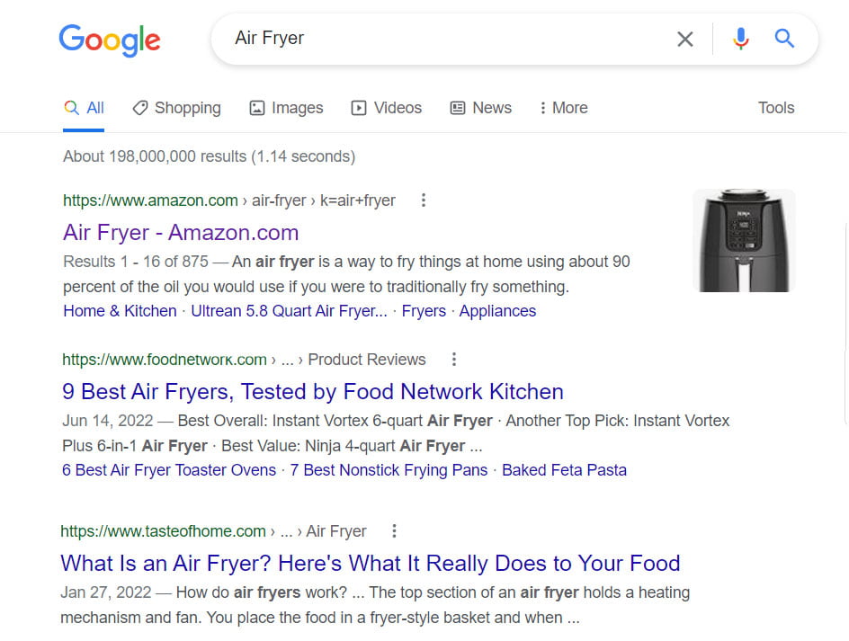 Example of the Google search results for Air Fryer