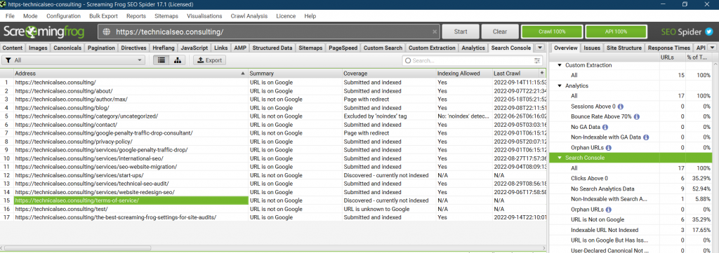 Screen shot from Screaming Frog Crawler showing if pages are indexed in Google